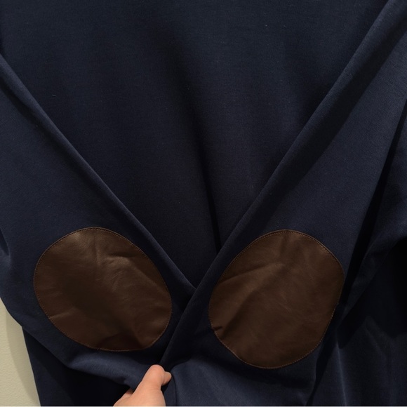 A.P.C. Navy Crewneck Sweatshirt w/ Brown Leather Elbow Patches Minimalist XL - Picture 6 of 8